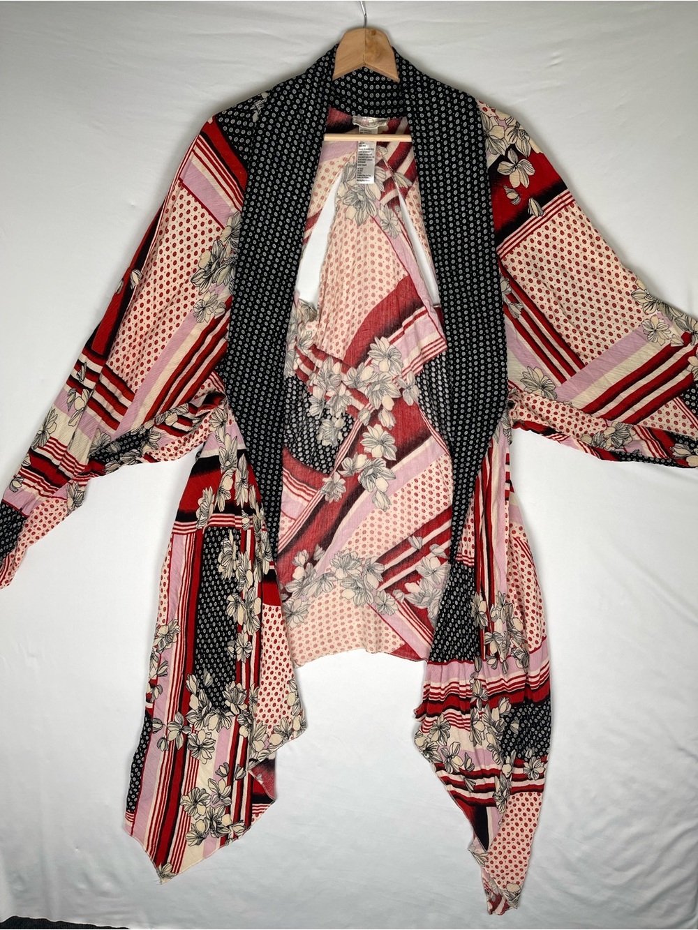 Free People Red, Black & Cream Floral Patchwork Drape Cardigan